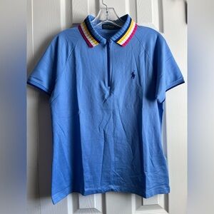 Ralph Lauren Women’s Sky Blue Polo with Color-Block Stripe Collar Medium NWT